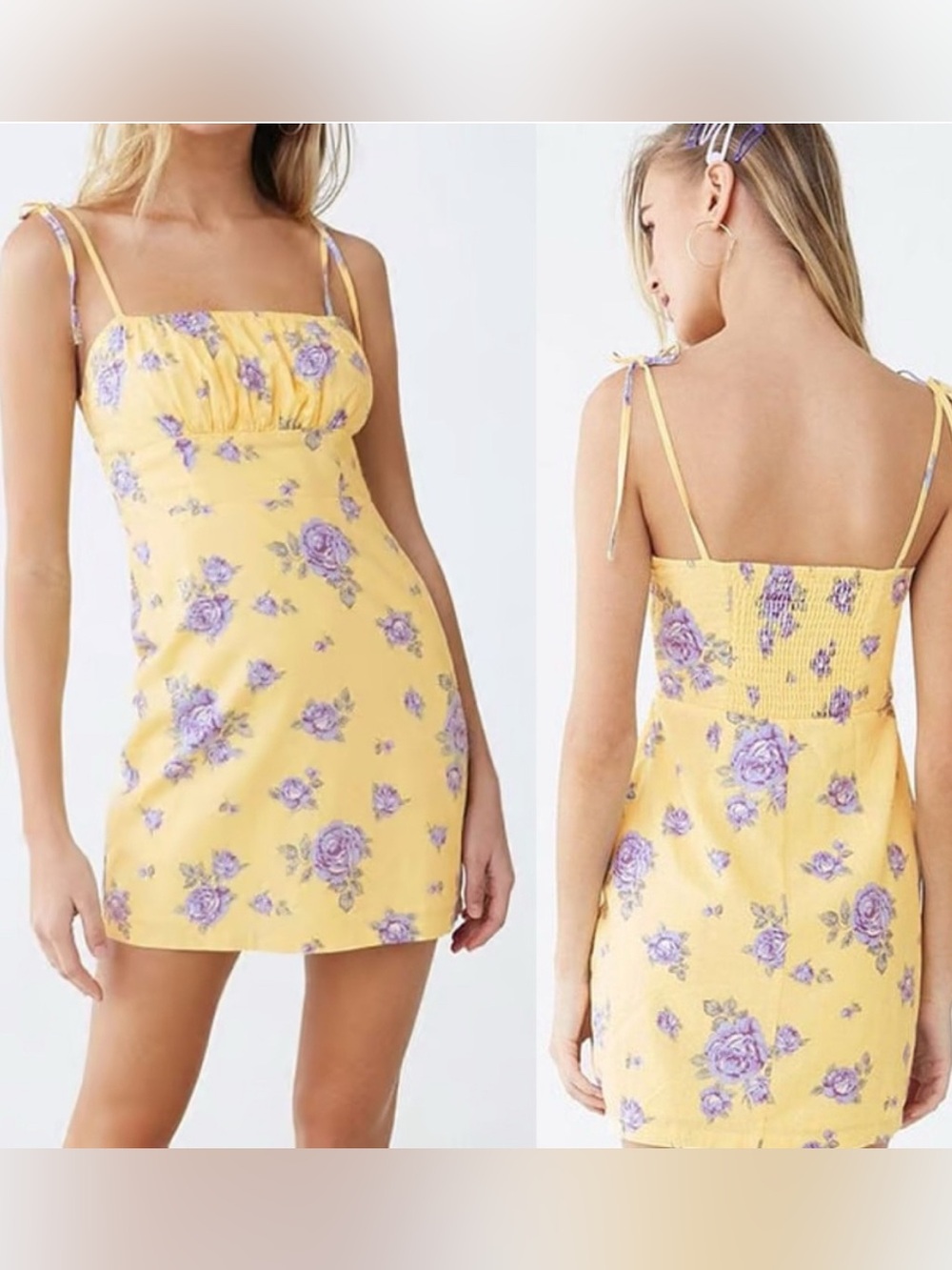 Forever 21 Yellow Lavender Floral‎ Cottagecore Mini Babydoll Spring Dress Medium